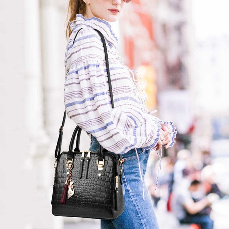 Women's Leather Bag with Crocodile Design