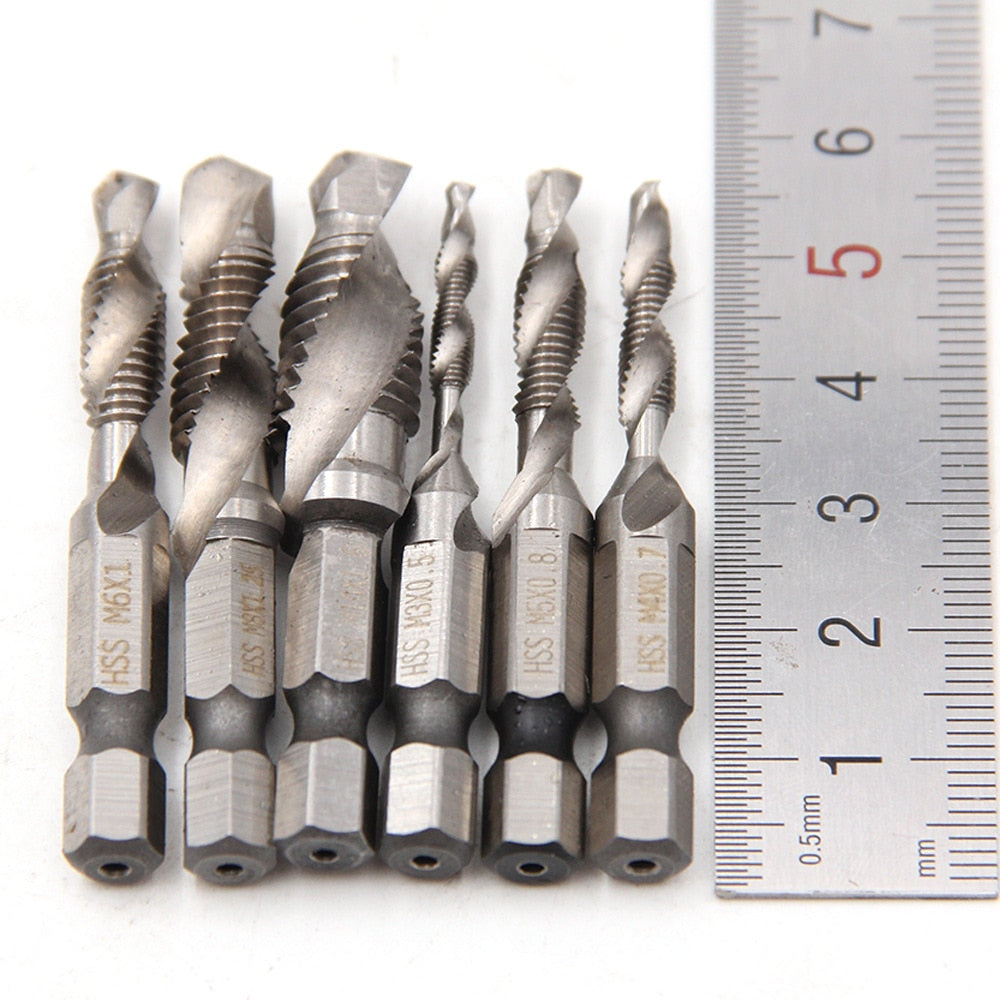 Kit of 6 Titanium Steel 2-in-1 Drill Bits - Drills and Taps Threads