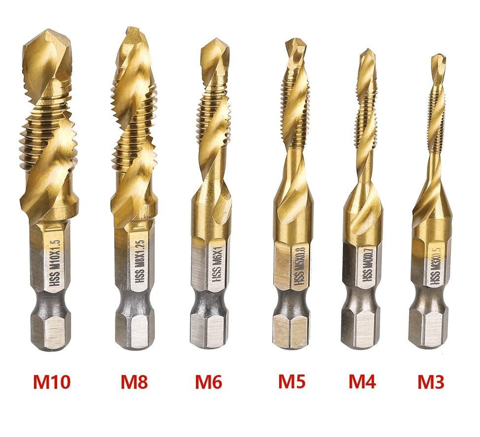 Kit of 6 Titanium Steel 2-in-1 Drill Bits - Drills and Taps Threads