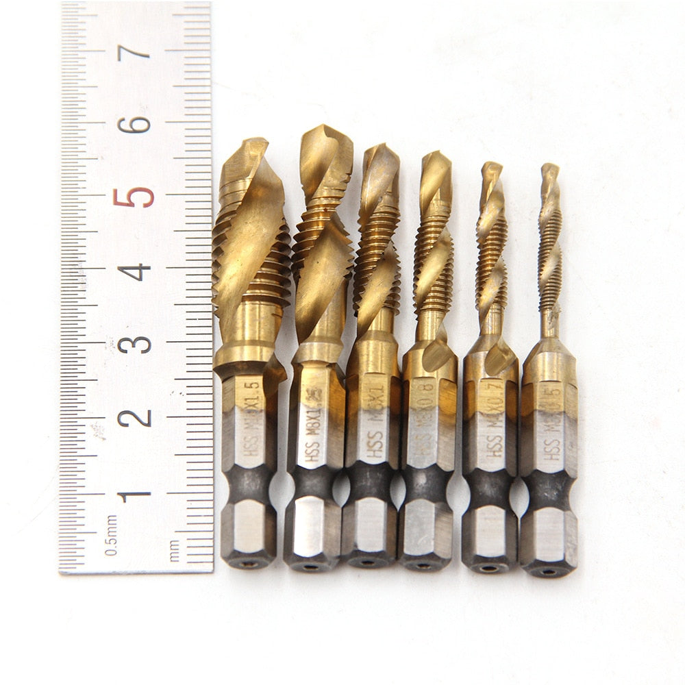 Kit of 6 Titanium Steel 2-in-1 Drill Bits - Drills and Taps Threads