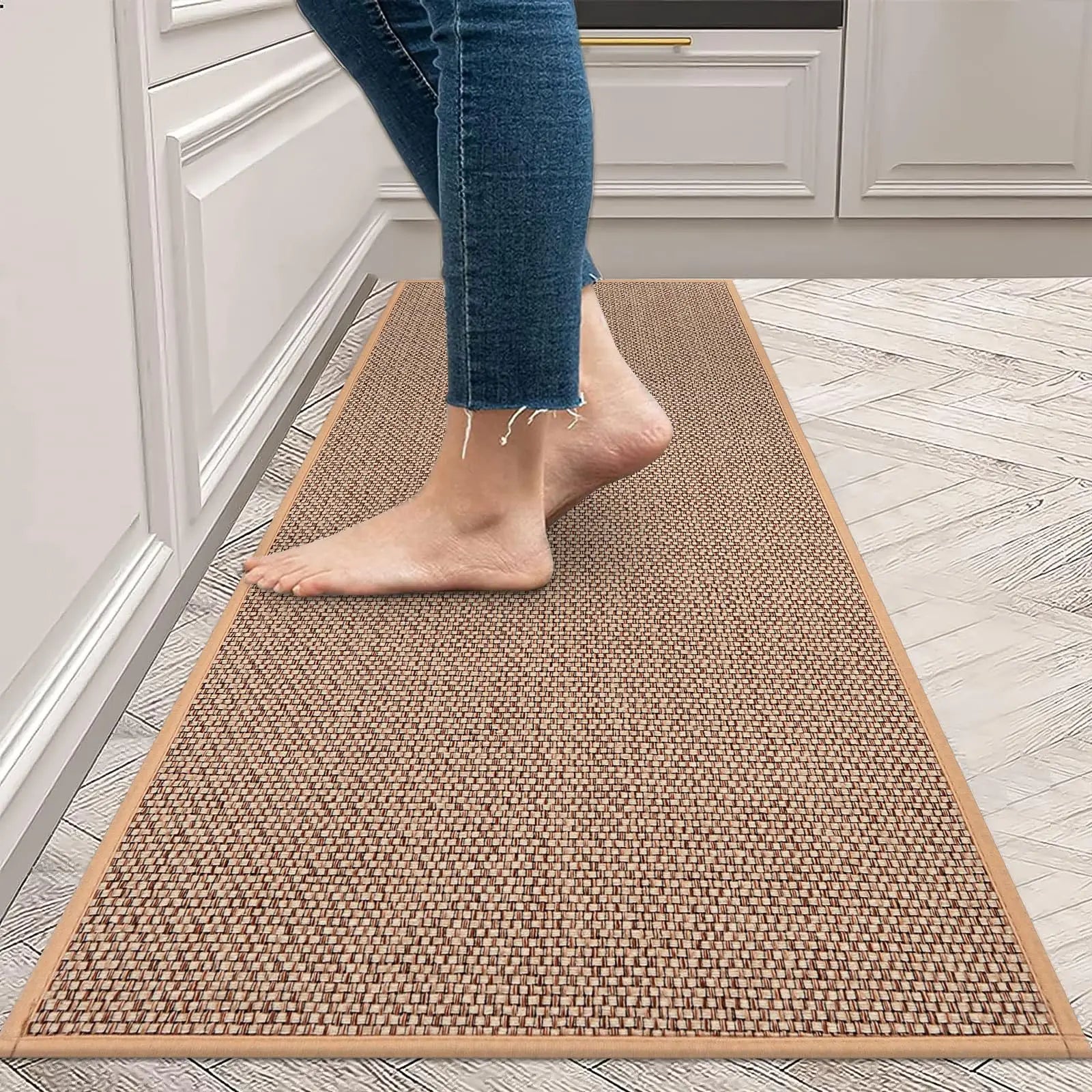 Long Anti-slip Natural Linen Kitchen Mat 