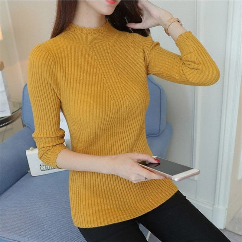 Women's Slim Ribbed High-Neck Jumper - CozyElegance