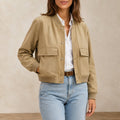 Women's Bomber Jacket V-Neck Khaki