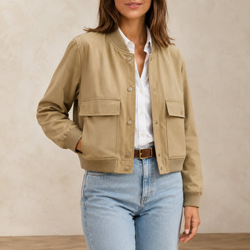 Women's Bomber Jacket V-Neck Khaki