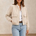 Women's Bomber Jacket V-Neck Beige
