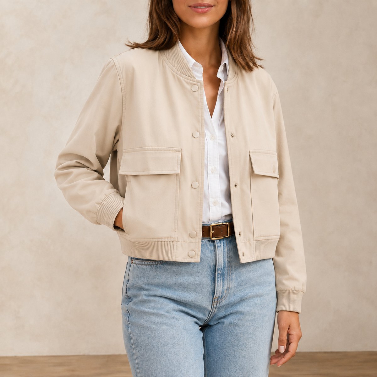 Women's Bomber Jacket V-Neck Beige