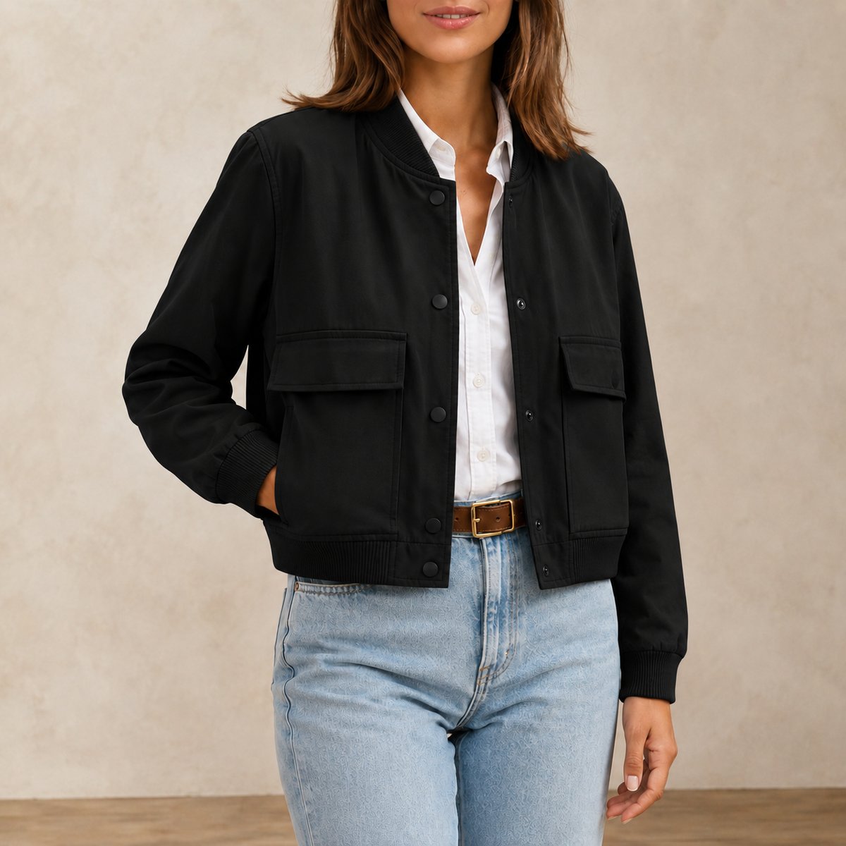 Women's Bomber Jacket V-Neck Black