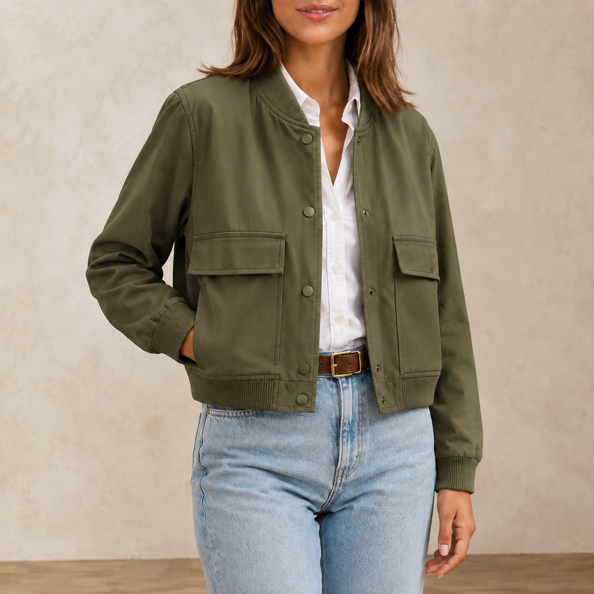 Women's Bomber Jacket V-Neck Military Green