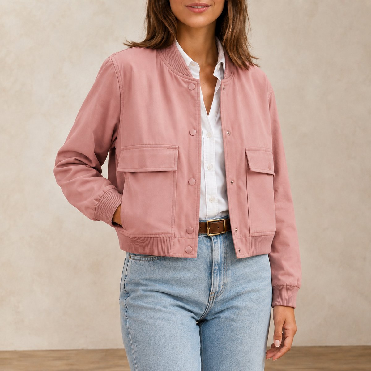 Women's Bomber Jacket V-Neck Pink
