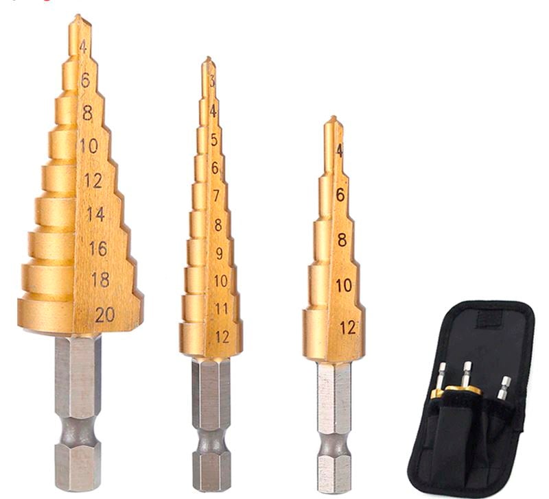 Kit of 3 Titanium Step Drill Bits
