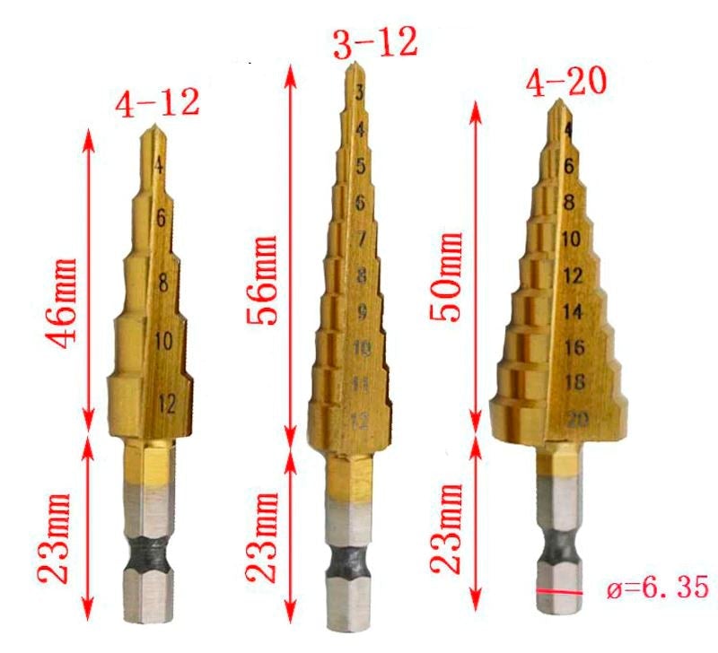 Kit of 3 Titanium Step Drill Bits